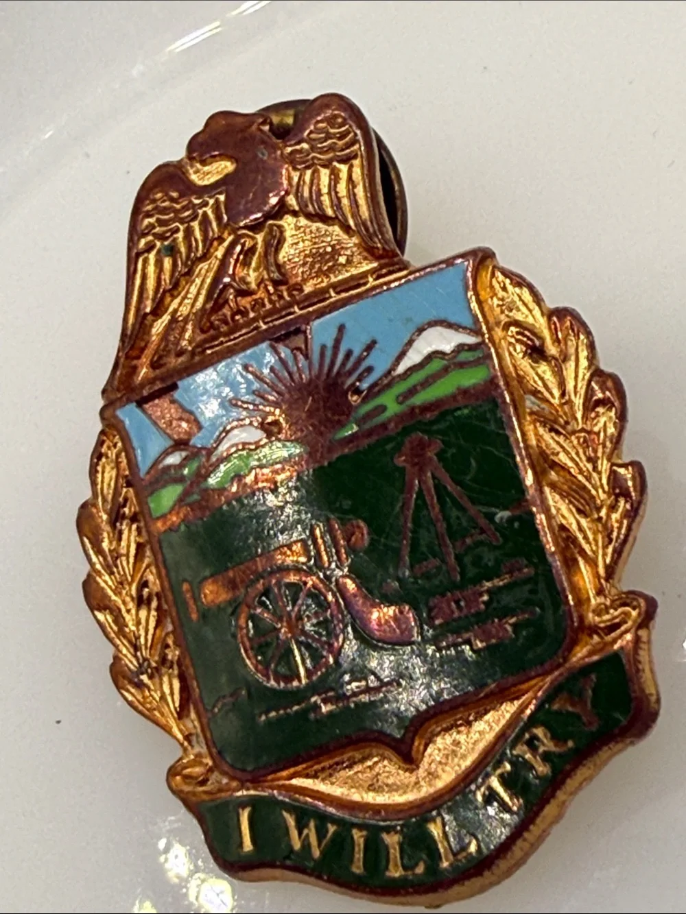 Vintage Enamel Military style Crest Pin eagle Green and Blue Shield enamel